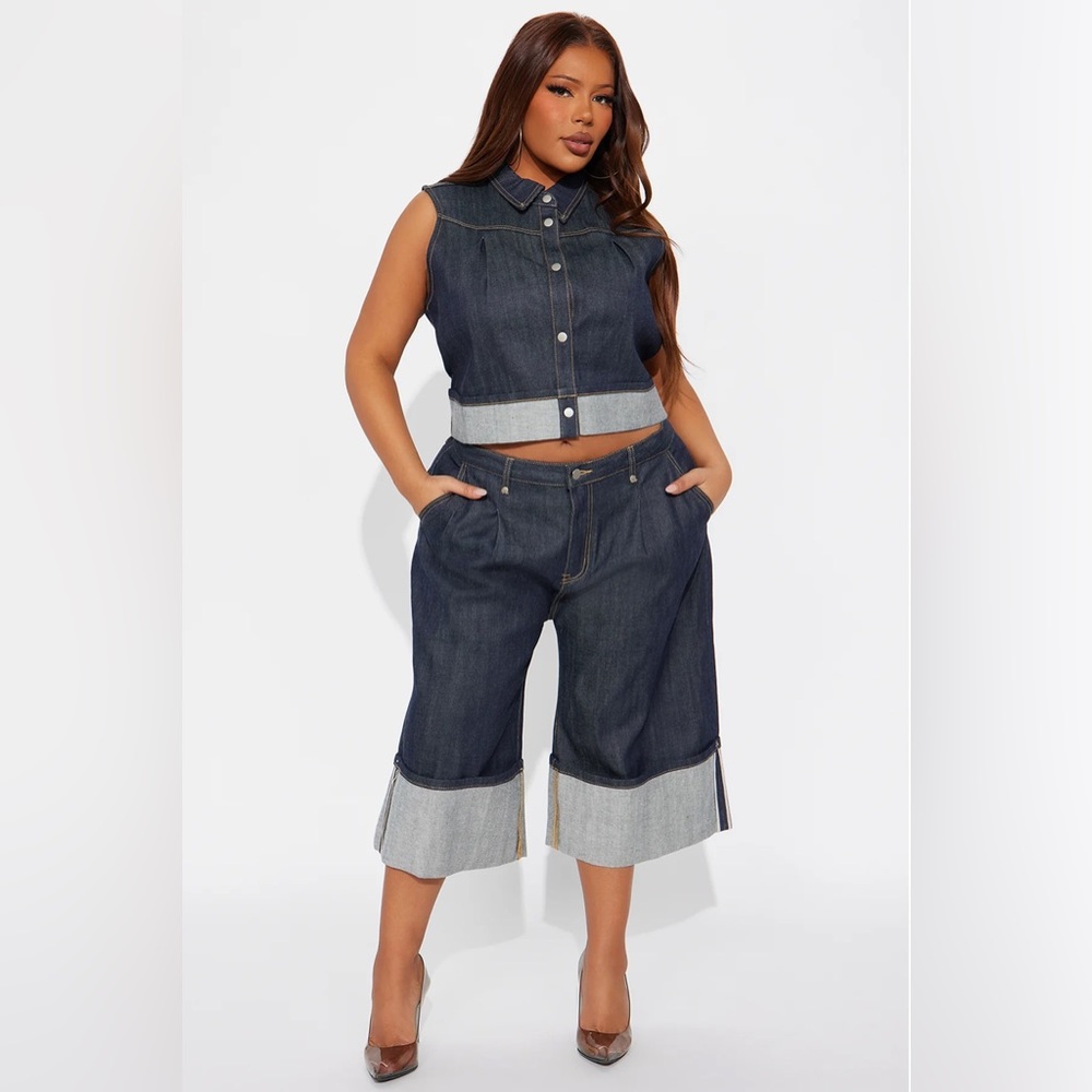 Fashion Nova Dark Blue denim Wide Leg Jean Set